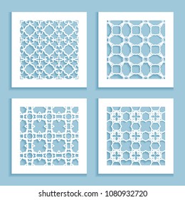 Templates for laser cutting, plotter cutting, printing. Square line patterns set. Geometric design cut out of paper. Mandala Islamic die cut ornament. Fretwork panels, cutout silhouette stencils
