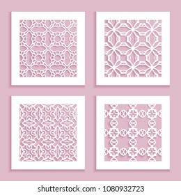 Templates for laser cutting, plotter cutting, printing. Square line patterns set. Geometric design cut out of paper. Mandala Islamic die cut ornament. Fretwork panels, cutout silhouette stencils