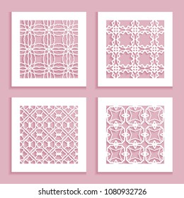 Templates for laser cutting, plotter cutting, printing. Square line patterns set. Geometric design cut out of paper. Mandala Islamic die cut ornament. Fretwork panels, cutout silhouette stencils