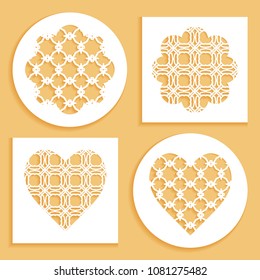 Templates for laser cutting, plotter cutting, printing. Heart and flower shape line pattern. Geometric design cut out of paper. Mandala die cut ornament. Fretwork panels, cutout silhouette stencils
