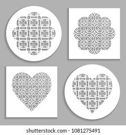 Templates for laser cutting, plotter cutting, printing. Heart and flower shape line pattern. Geometric design cut out of paper. Mandala die cut ornament. Fretwork panels, cutout silhouette stencils