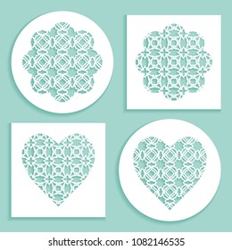 Templates for laser cutting, plotter cutting, printing. Heart and flower shape line pattern. Geometric design cut out of paper. Mandala die cut ornament. Fretwork panels, cutout silhouette stencils