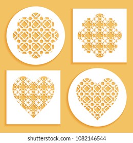 Templates for laser cutting, plotter cutting, printing. Heart and flower shape line pattern. Geometric design cut out of paper. Mandala die cut ornament. Fretwork panels, cutout silhouette stencils