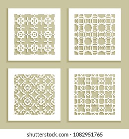 Templates for laser cutting, plotter cutting, printing. Square line patterns set. Geometric design cut out of paper. Mandala Islamic die cut ornament. Fretwork panels, cutout silhouette stencils