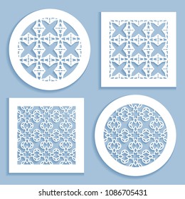 Templates for laser cutting, plotter cutting, printing. Round and square line patterns. Geometric design cut out of paper. Mandala Islamic die cut ornament. Fretwork panels, cutout silhouette stencils