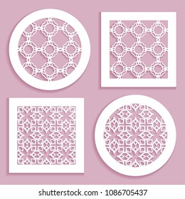 Templates for laser cutting, plotter cutting, printing. Round and square line patterns. Geometric design cut out of paper. Mandala Islamic die cut ornament. Fretwork panels, cutout silhouette stencils