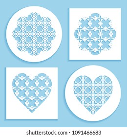 Templates for laser cutting, plotter cutting, printing. Heart and flower shape line pattern. Geometric design cut out of paper. Mandala die cut ornament. Fretwork panels, cutout silhouette stencils