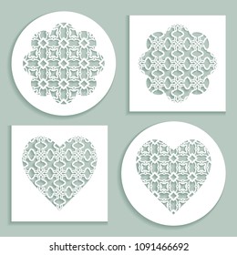 Templates for laser cutting, plotter cutting, printing. Heart and flower shape line pattern. Geometric design cut out of paper. Mandala die cut ornament. Fretwork panels, cutout silhouette stencils