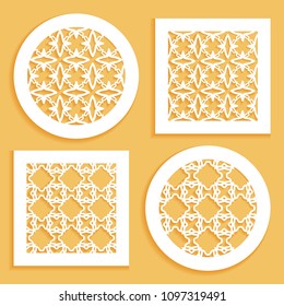 Templates for laser cutting, plotter cutting, printing. Round and square line patterns. Geometric design cut out of paper. Mandala Islamic die cut ornament. Fretwork panels, cutout silhouette stencils