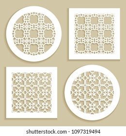 Templates for laser cutting, plotter cutting, printing. Round and square line patterns. Geometric design cut out of paper. Mandala Islamic die cut ornament. Fretwork panels, cutout silhouette stencils