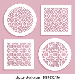 Templates for laser cutting, plotter cutting, printing. Round and square line patterns. Geometric design cut out of paper. Mandala Islamic die cut ornament. Fretwork panels, cutout silhouette stencils