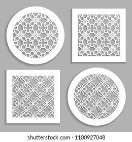 Templates for laser cutting, plotter cutting, printing. Round and square line patterns. Geometric design cut out of paper. Mandala Islamic die cut ornament. Fretwork panels, cutout silhouette stencils