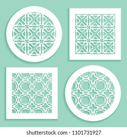 Templates for laser cutting, plotter cutting, printing. Round and square line patterns. Geometric design cut out of paper. Mandala Islamic die cut ornament. Fretwork panels, cutout silhouette stencils