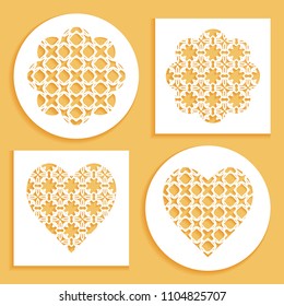 Templates for laser cutting, plotter cutting, printing. Heart and flower shape line pattern. Geometric design cut out of paper. Mandala die cut ornament. Fretwork panels, cutout silhouette stencils