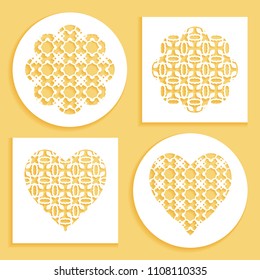 Templates for laser cutting, plotter cutting, printing. Heart and flower shape line pattern. Geometric design cut out of paper. Mandala die cut ornament. Fretwork panels, cutout silhouette stencils