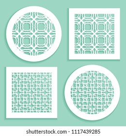 Templates for laser cutting, plotter cutting, printing. Round and square line patterns. Geometric design cut out of paper. Mandala Islamic die cut ornament. Fretwork panels, cutout silhouette stencils