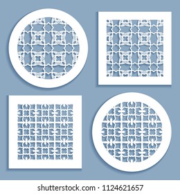 Templates for laser cutting, plotter cutting, printing. Round and square line patterns. Geometric design cut out of paper. Mandala Islamic die cut ornament. Fretwork panels, cutout silhouette stencils