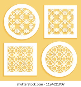 Templates for laser cutting, plotter cutting, printing. Round and square line patterns. Geometric design cut out of paper. Mandala Islamic die cut ornament. Fretwork panels, cutout silhouette stencils