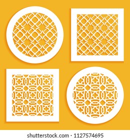 Templates for laser cutting, plotter cutting, printing. Round and square line patterns. Geometric design cut out of paper. Mandala Islamic die cut ornament. Fretwork panels, cutout silhouette stencils