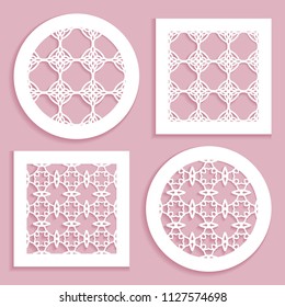 Templates for laser cutting, plotter cutting, printing. Round and square line patterns. Geometric design cut out of paper. Mandala Islamic die cut ornament. Fretwork panels, cutout silhouette stencils
