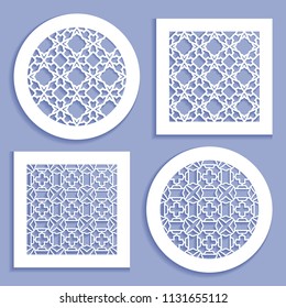 Templates for laser cutting, plotter cutting, printing. Round and square line patterns. Geometric design cut out of paper. Mandala Islamic die cut ornament. Fretwork panels, cutout silhouette stencils
