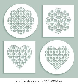 Templates for laser cutting, plotter cutting, printing. Heart and flower shape line pattern. Geometric design cut out of paper. Mandala die cut ornament. Fretwork panels, cutout silhouette stencils