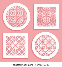 Templates for laser cutting, plotter cutting, printing. Round and square line patterns. Geometric design cut out of paper. Mandala Islamic die cut ornament. Fretwork panels, cutout silhouette stencils