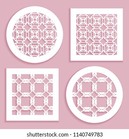 Templates for laser cutting, plotter cutting, printing. Round and square line patterns. Geometric design cut out of paper. Mandala Islamic die cut ornament. Fretwork panels, cutout silhouette stencils