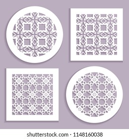 Templates for laser cutting, plotter cutting, printing. Round and square line patterns. Geometric design cut out of paper. Mandala Islamic die cut ornament. Fretwork panels, cutout silhouette stencils