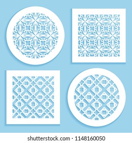 Templates for laser cutting, plotter cutting, printing. Round and square line patterns. Geometric design cut out of paper. Mandala Islamic die cut ornament. Fretwork panels, cutout silhouette stencils