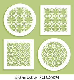 Templates for laser cutting, plotter cutting, printing. Round and square line patterns. Geometric design cut out of paper. Mandala Islamic die cut ornament. Fretwork panels, cutout silhouette stencils