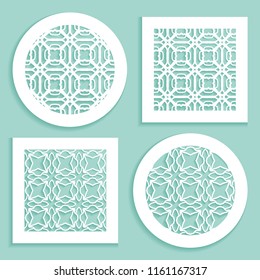 Templates for laser cutting, plotter cutting, printing. Round and square line patterns. Geometric design cut out of paper. Mandala Islamic die cut ornament. Fretwork panels, cutout silhouette stencils