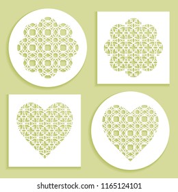 Templates for laser cutting, plotter cutting, printing. Heart and flower shape line pattern. Geometric design cut out of paper. Mandala die cut ornament. Fretwork panels, cutout silhouette stencils