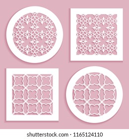 Templates for laser cutting, plotter cutting, printing. Round and square line patterns. Geometric design cut out of paper. Mandala Islamic die cut ornament. Fretwork panels, cutout silhouette stencils