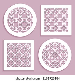 Templates for laser cutting, plotter cutting, printing. Round and square line patterns. Geometric design cut out of paper. Mandala Islamic die cut ornament. Fretwork panels, cutout silhouette stencils