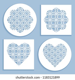 Templates for laser cutting, plotter cutting, printing. Heart and flower shape line pattern. Geometric design cut out of paper. Mandala die cut ornament. Fretwork panels, cutout silhouette stencils