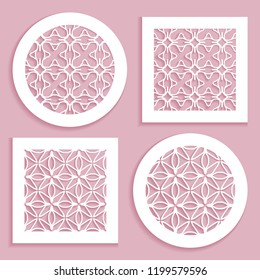 Templates for laser cutting, plotter cutting, printing. Round and square line patterns. Geometric design cut out of paper. Mandala Islamic die cut ornament. Fretwork panels, cutout silhouette stencils