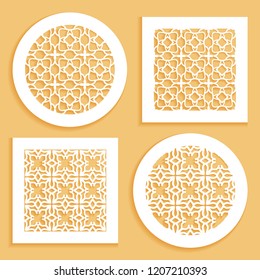 Templates for laser cutting, plotter cutting, printing. Round and square line patterns. Geometric design cut out of paper. Mandala Islamic die cut ornament. Fretwork panels, cutout silhouette stencils