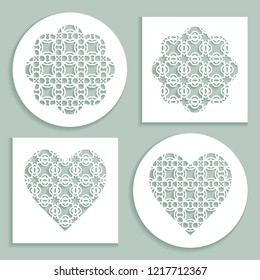 Templates for laser cutting, plotter cutting, printing. Heart and flower shape line pattern. Geometric design cut out of paper. Mandala die cut ornament. Fretwork panels, cutout silhouette stencils