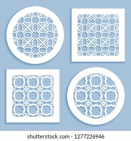 Templates for laser cutting, plotter cutting, printing. Round and square line patterns. Geometric design cut out of paper. Mandala Islamic die cut ornament. Fretwork panels, cutout silhouette stencils