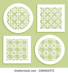 Templates for laser cutting, plotter cutting, printing. Round and square line patterns. Geometric design cut out of paper. Mandala Islamic die cut ornament. Fretwork panels, cutout silhouette stencils