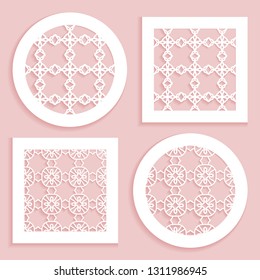 Templates for laser cutting, plotter cutting, printing. Round and square line patterns. Geometric design cut out of paper. Mandala Islamic die cut ornament. Fretwork panels, cutout silhouette stencils