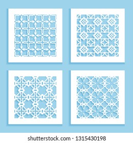 Templates for laser cutting, plotter cutting, printing. Square line patterns set. Geometric design cut out of paper. Mandala Islamic die cut ornament. Fretwork panels, cutout silhouette stencils