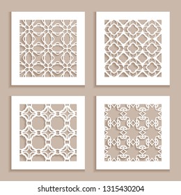 Templates for laser cutting, plotter cutting, printing. Square line patterns set. Geometric design cut out of paper. Mandala Islamic die cut ornament. Fretwork panels, cutout silhouette stencils