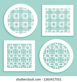 Templates for laser cutting, plotter cutting, printing. Round and square line patterns. Geometric design cut out of paper. Mandala Islamic die cut ornament. Fretwork panels, cutout silhouette stencils