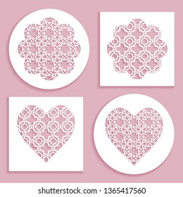 Templates for laser cutting, plotter cutting, printing. Heart and flower shape line pattern. Geometric design cut out of paper. Mandala die cut ornament. Fretwork panels, cutout silhouette stencils