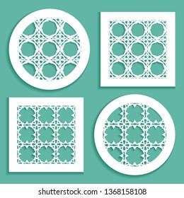 Templates for laser cutting, plotter cutting, printing. Round and square line patterns. Geometric design cut out of paper. Mandala Islamic die cut ornament. Fretwork panels, cutout silhouette stencils