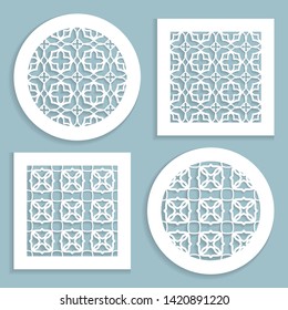 Templates for laser cutting, plotter cutting, printing. Round and square line patterns. Geometric design cut out of paper. Mandala Islamic die cut ornament. Fretwork panels, cutout silhouette stencils