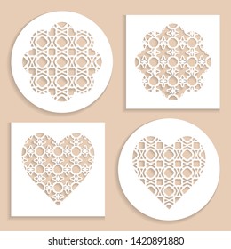 Templates for laser cutting, plotter cutting, printing. Heart and flower shape line pattern. Geometric design cut out of paper. Mandala die cut ornament. Fretwork panels, cutout silhouette stencils