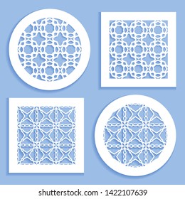 Templates for laser cutting, plotter cutting, printing. Round and square line patterns. Geometric design cut out of paper. Mandala Islamic die cut ornament. Fretwork panels, cutout silhouette stencils